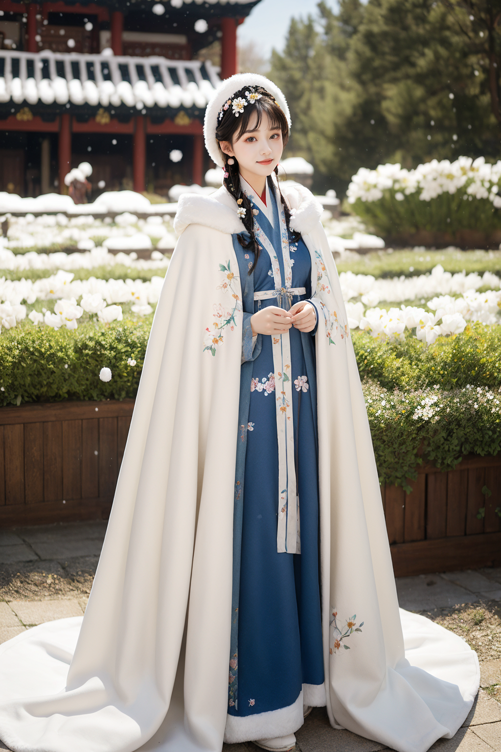 03912-548987554-1 girl, cowboy shot, Hanfu, (Winter hanfu), (cloak, headwear_1.2), (snow, white flowers garden_1.2),.png